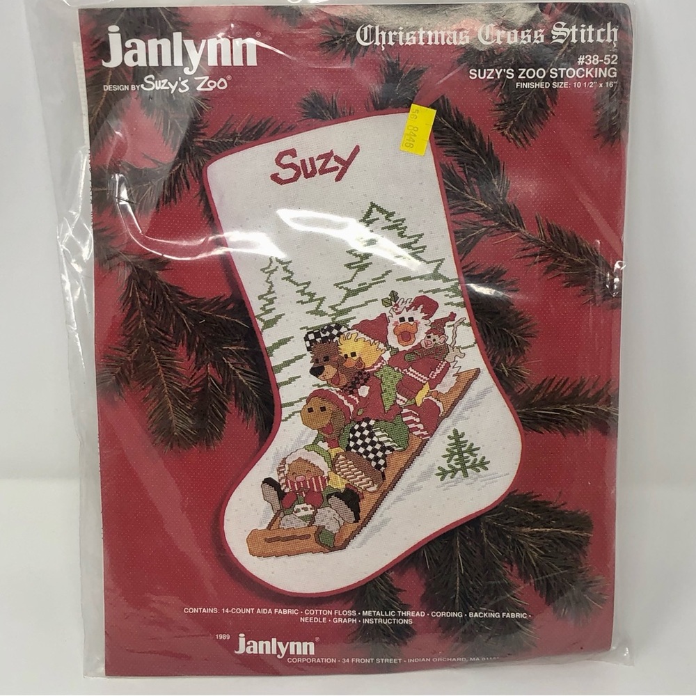 Janlynn SUZY'S ZOO Christmas Stocking Sledding Cross Stitch Kit #38-52 1989 VTG
